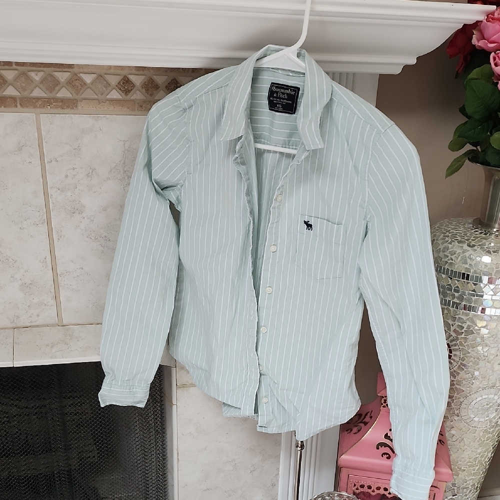 ๐ ABERCROMBIE ICON OXFORD Mint Striped BUTTON-UP SHIRT ๐ - Picture 2 of 10